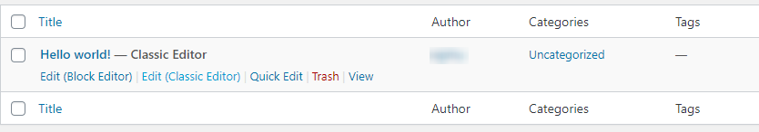Screenshot of showing classic editor in the post overview screen